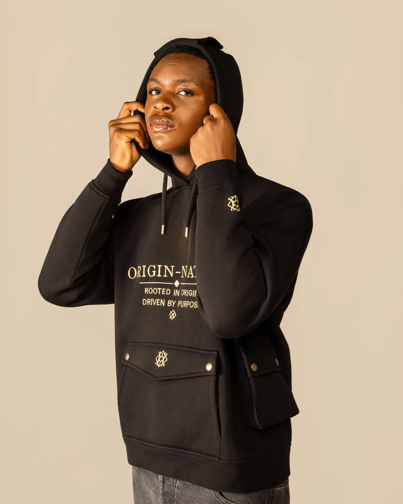 The Origin Hoodie, Black, Hood up
