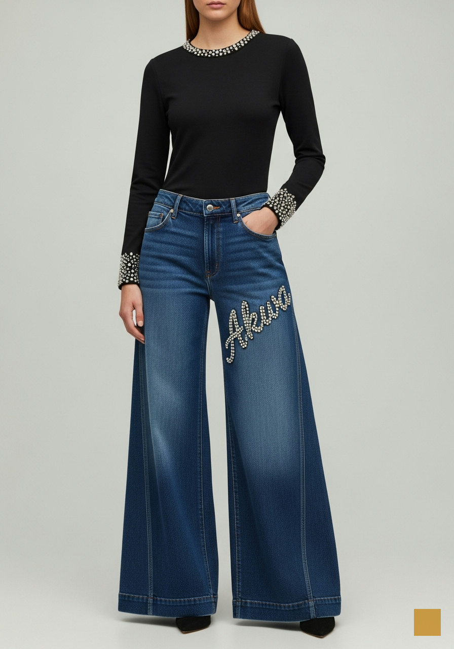 Egoyibo Okoro wide-leg denim, the finished garment produced from an Akwa tech pack, worn with a pearl-cuff top