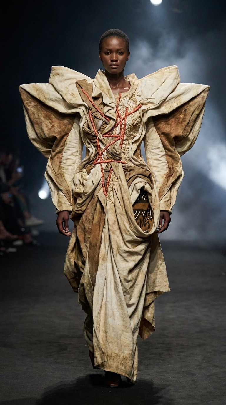 An avant-garde look from a first-time couture collection designed with Akwa, no formal fashion training