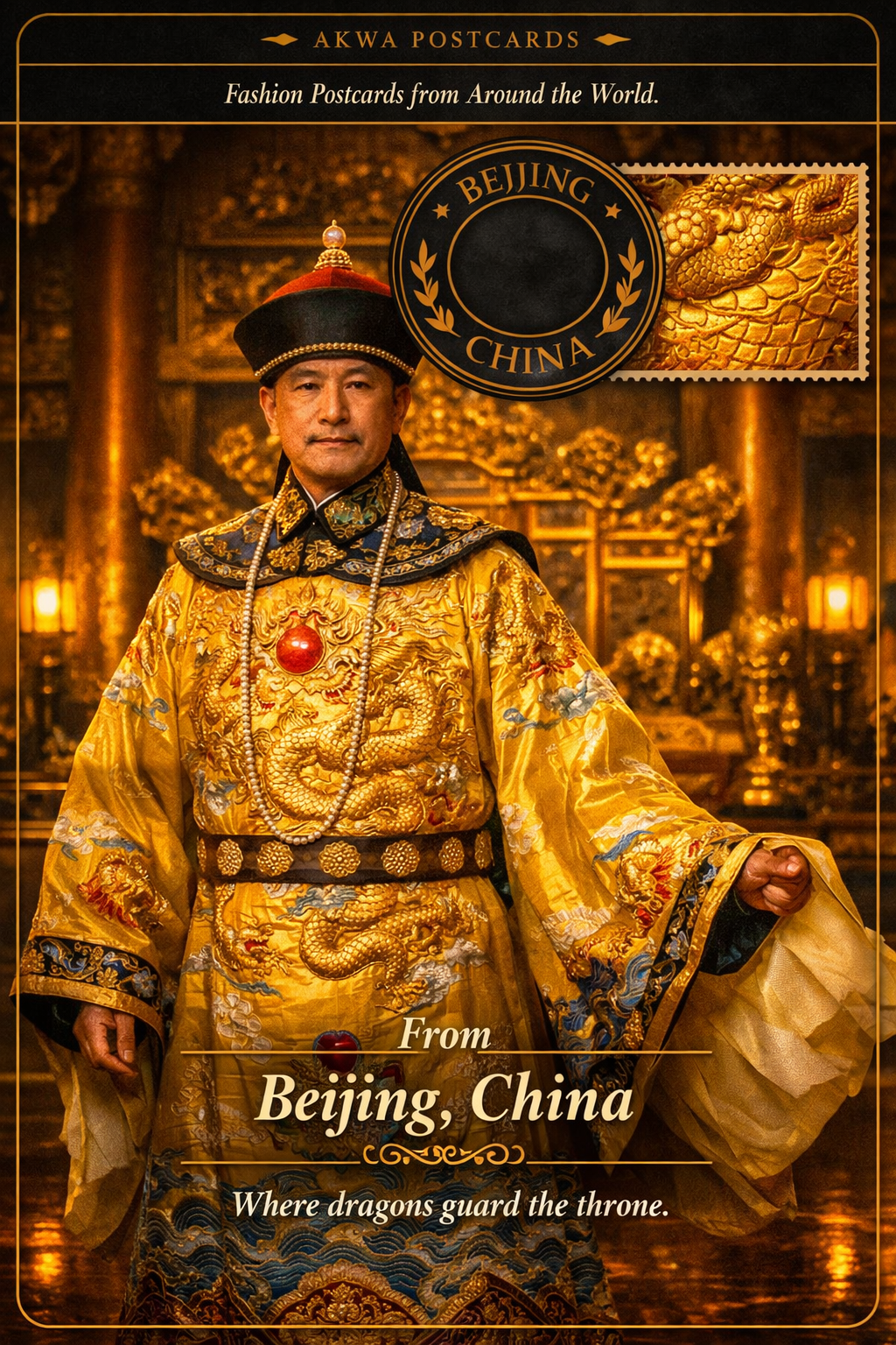 The Qing emperor in the imperial yellow dragon robe, a postcard from Beijing, China