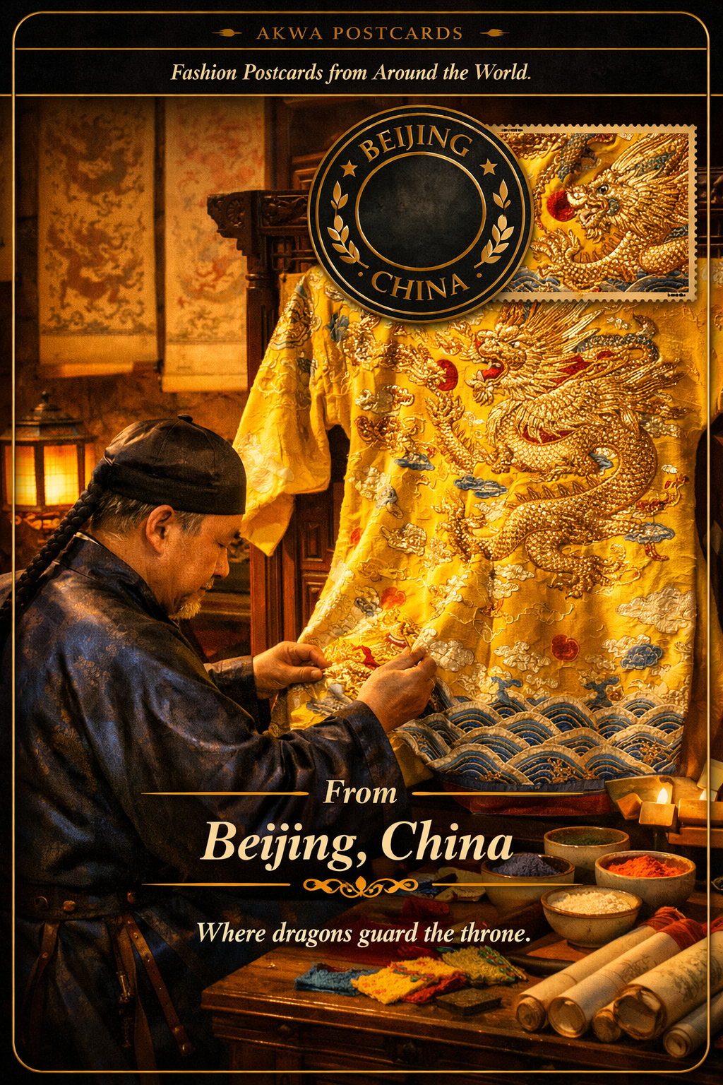 Imperial symbolism in Qing dynasty robes, a postcard from Beijing, China