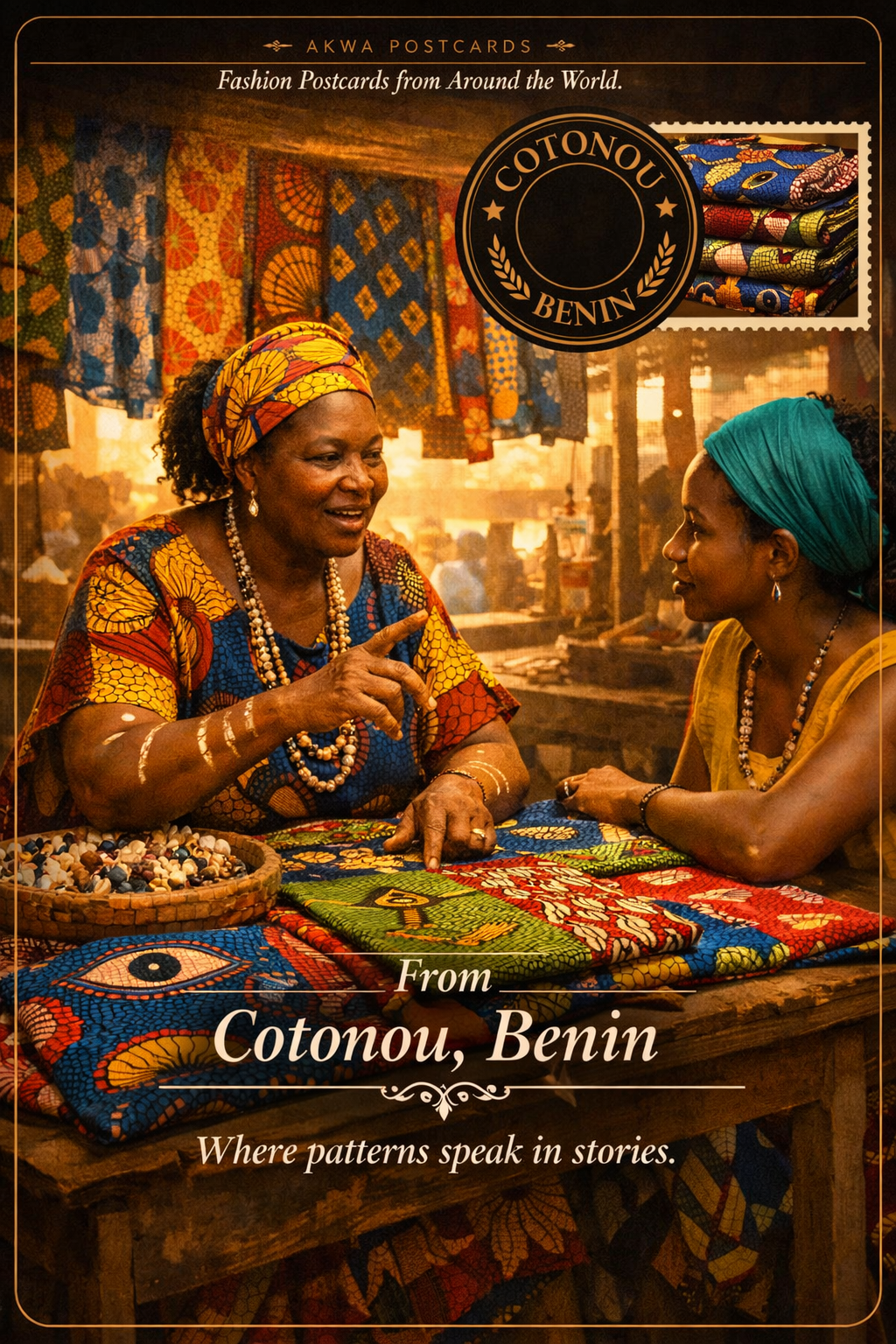 Symbolic storytelling in West African wax prints, a postcard from Cotonou, Benin