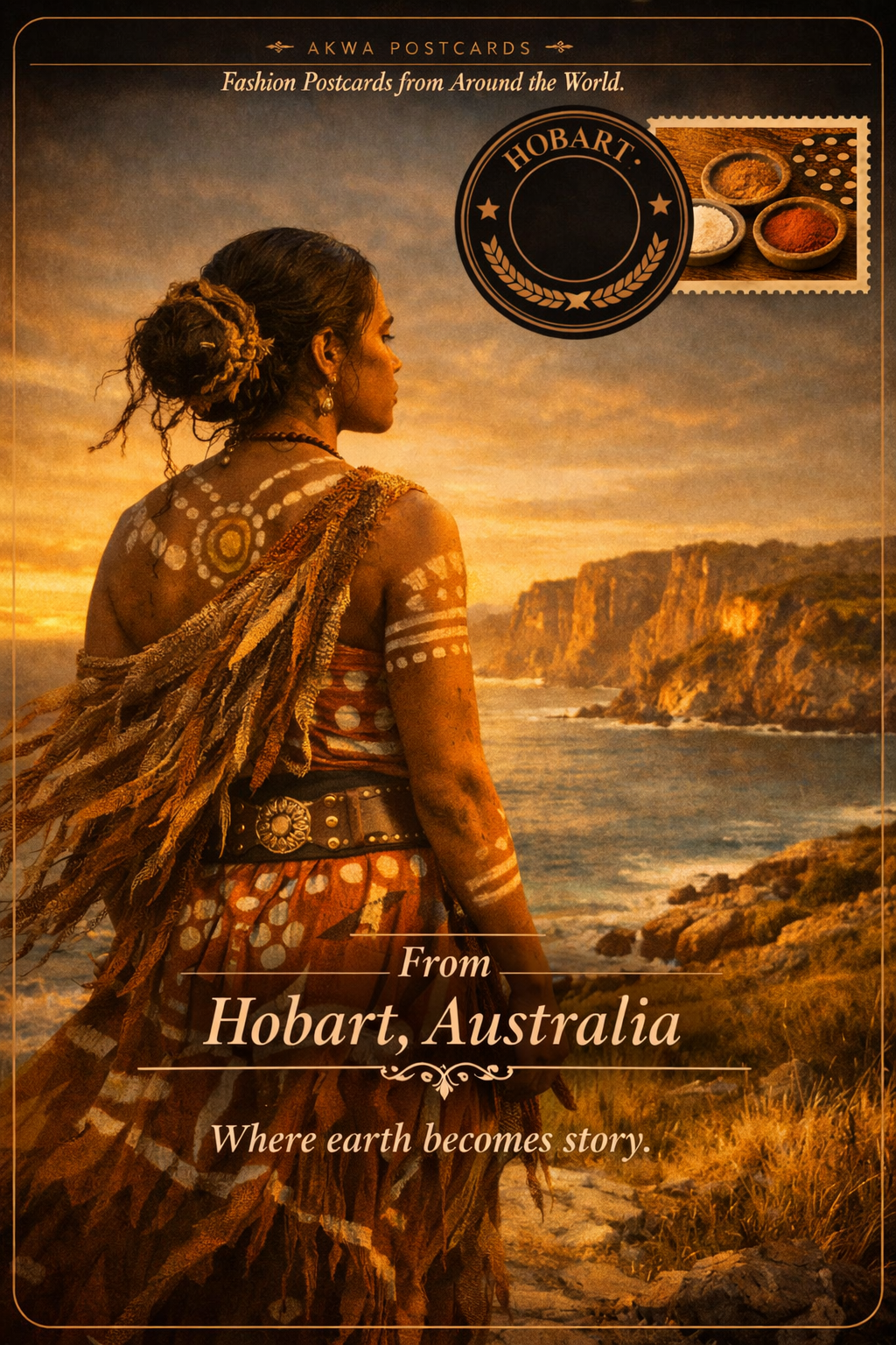 Ochre pattern symbolism in Aboriginal dress, a postcard from Hobart, Australia