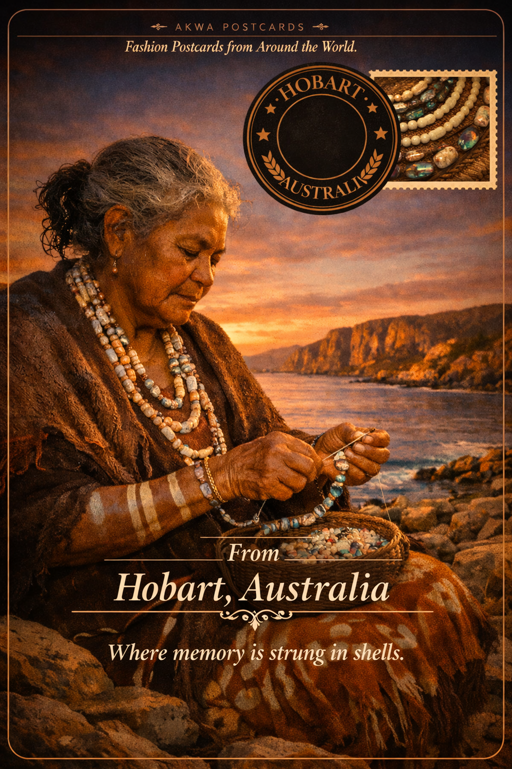 Shell necklace traditions of Tasmanian Aboriginal communities, a postcard from Hobart, Australia