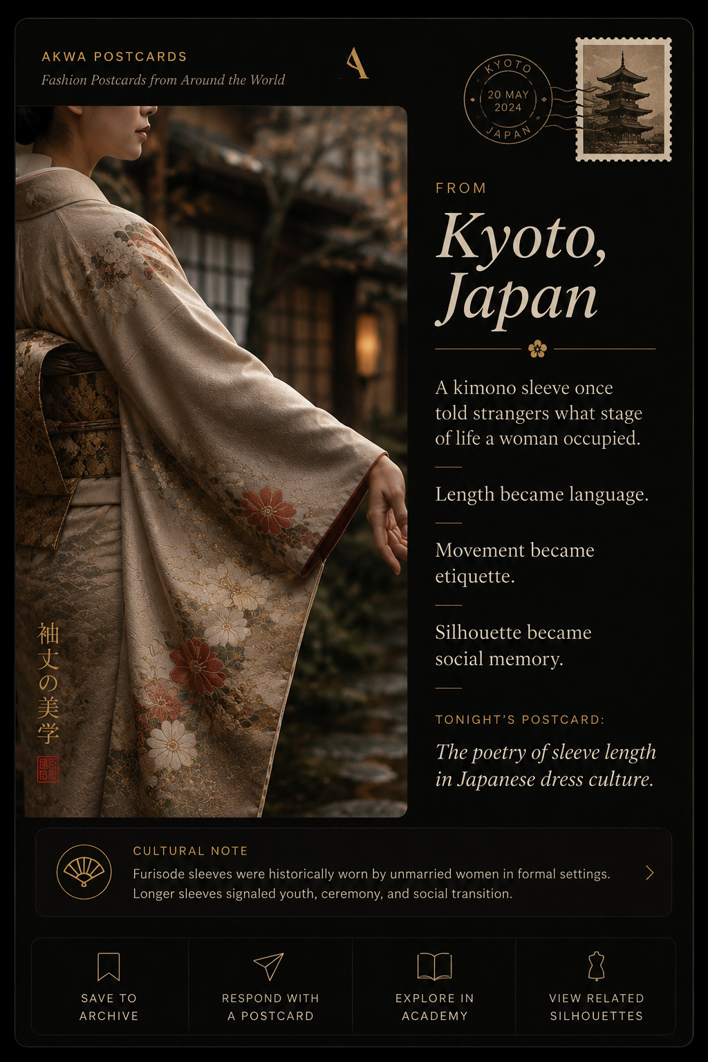 The poetry of sleeve length in Japanese dress culture, a postcard from Kyoto, Japan