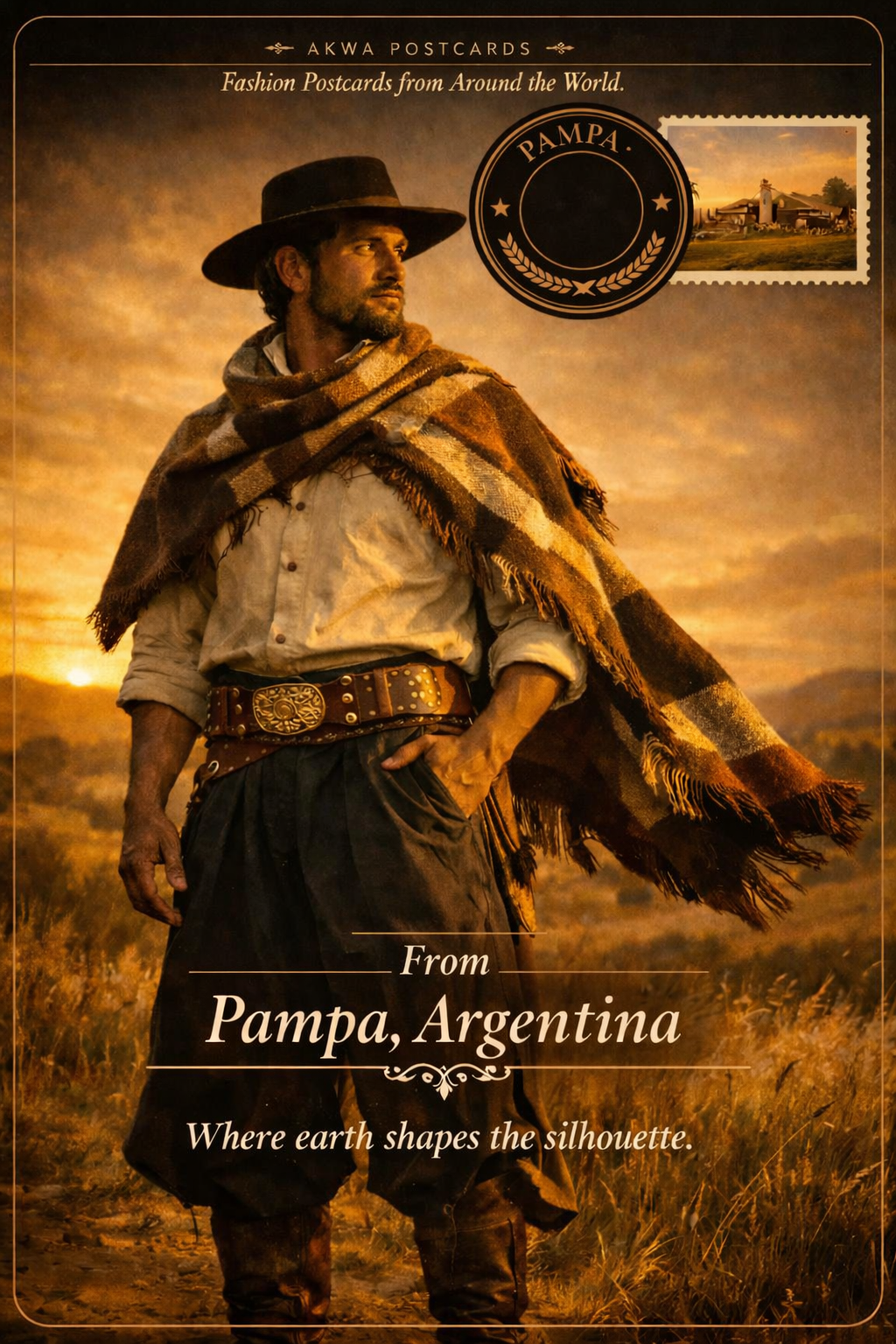 Pampa tailoring: bombachas, poncho, and the open horizon, a postcard from Pampa, Argentina