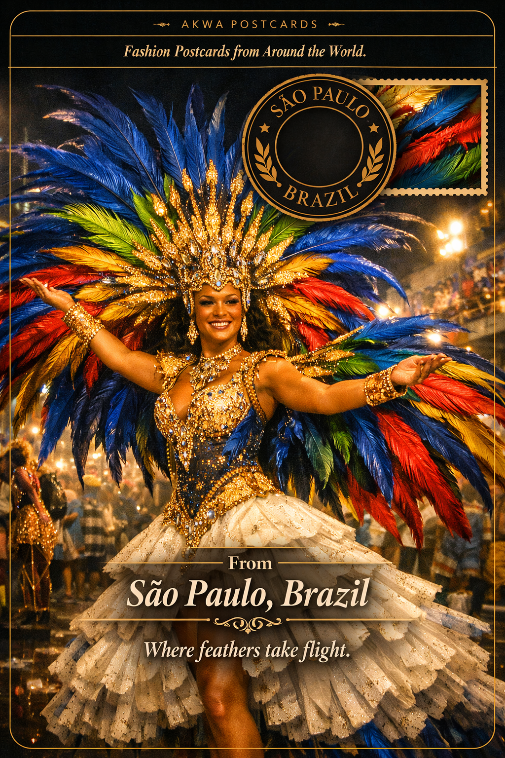 Carnival in motion: feathers, light, and the dancer, a postcard from Sao Paulo, Brazil