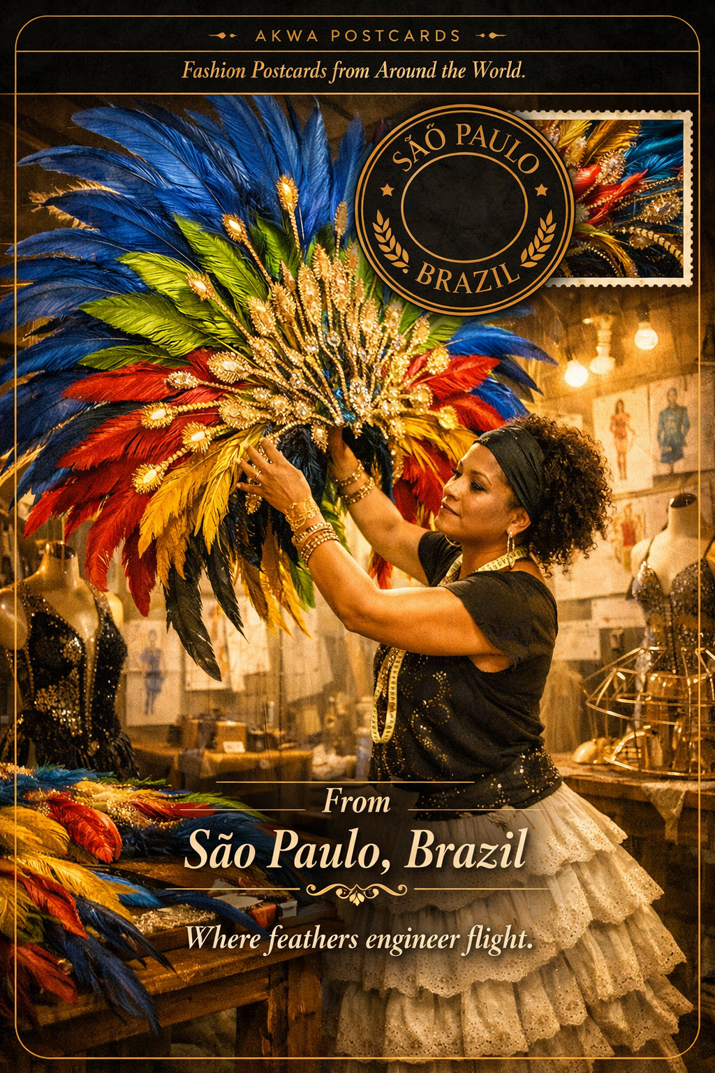 Feather engineering in Carnival costume design, a postcard from Sao Paulo, Brazil