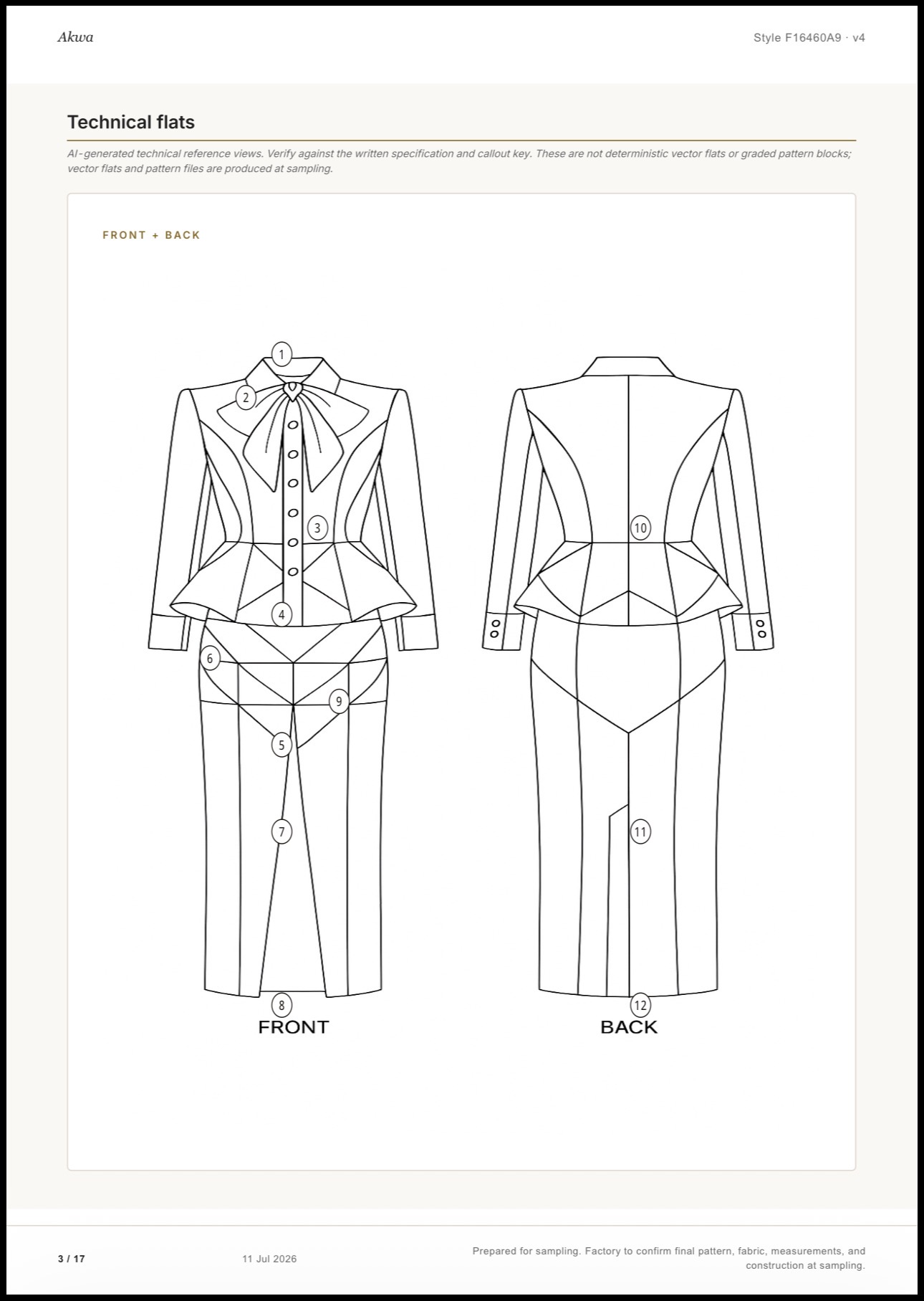 Akwa Tech Pack multi-view technical flats, front and back