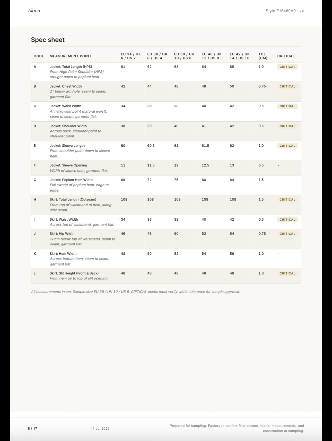 Akwa Tech Pack graded spec sheet, EU 34 to 46 with tolerances