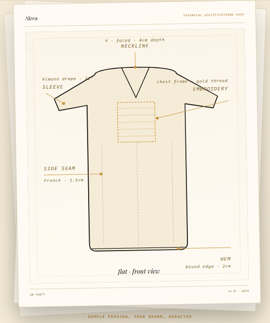 An Akwa tech pack page: a technical flat with construction callouts including a faced neckline, French side seam and bound hem