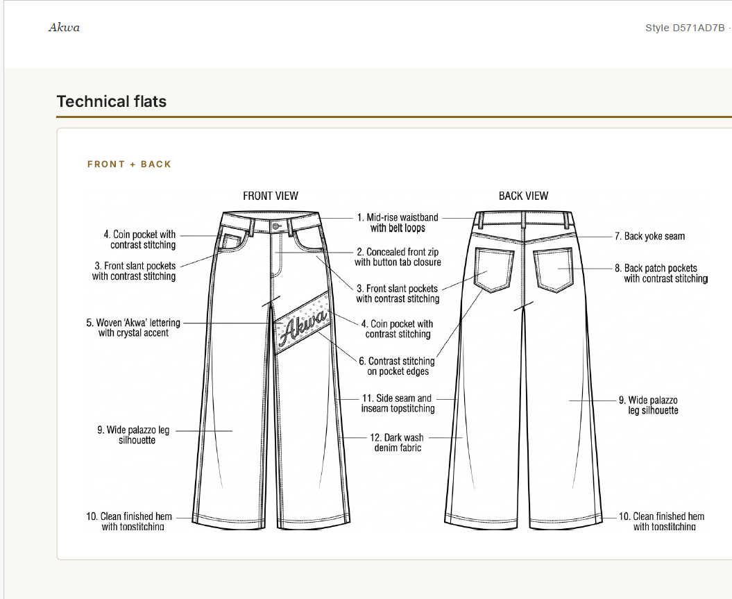 Front and back technical flats of a wide-leg denim style with twelve numbered construction callouts